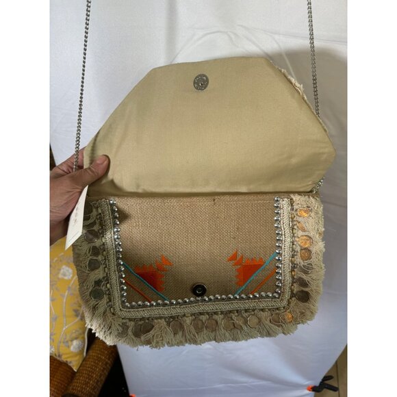 NWT Antik Kraft Boho Embroidered Fringe Crossbody Bag Coin Accents Chain Santa F - Picture 9 of 16
